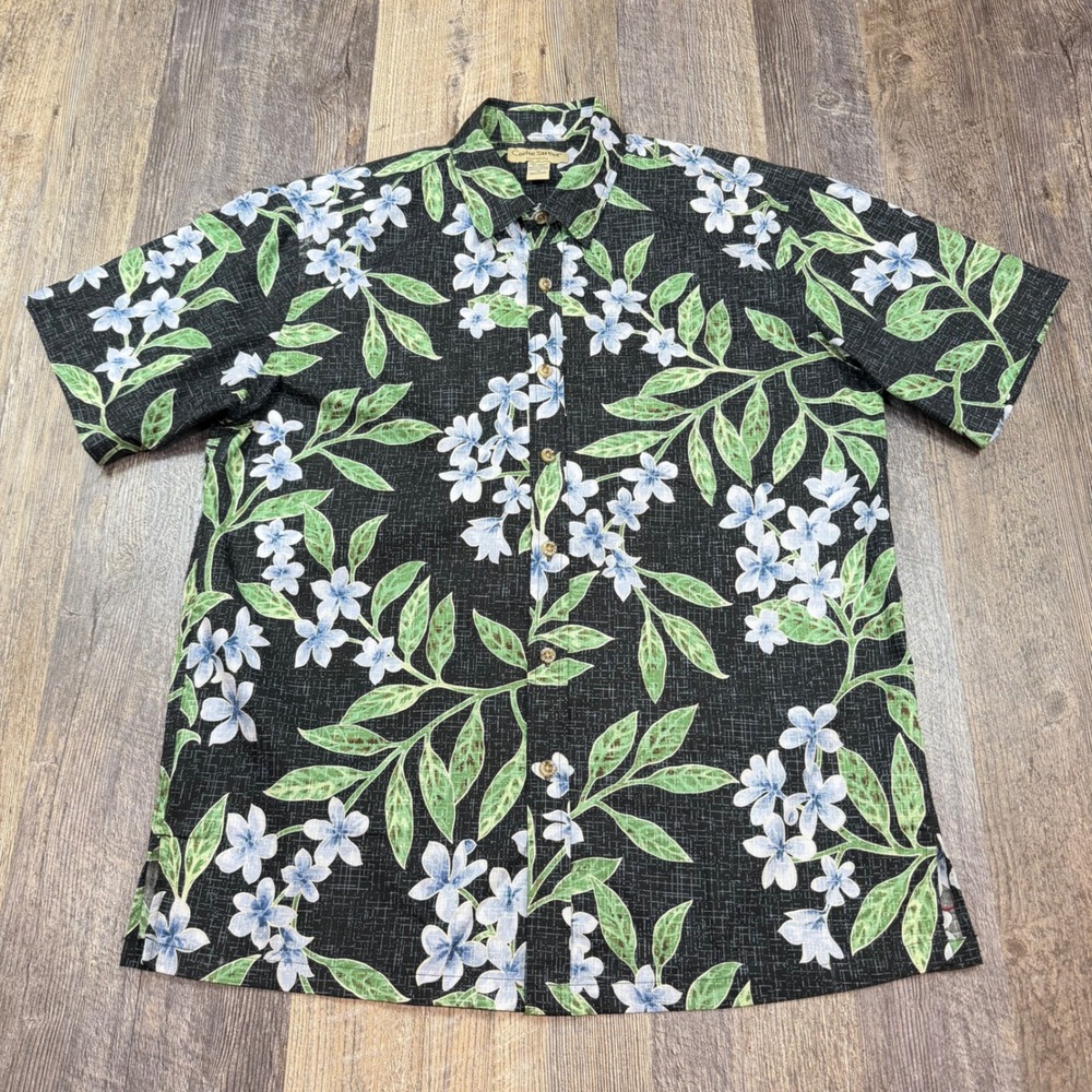 Cooke Street Honolulu Shirt Men Medium Black Blue Floral Tropical Cotton Vintage